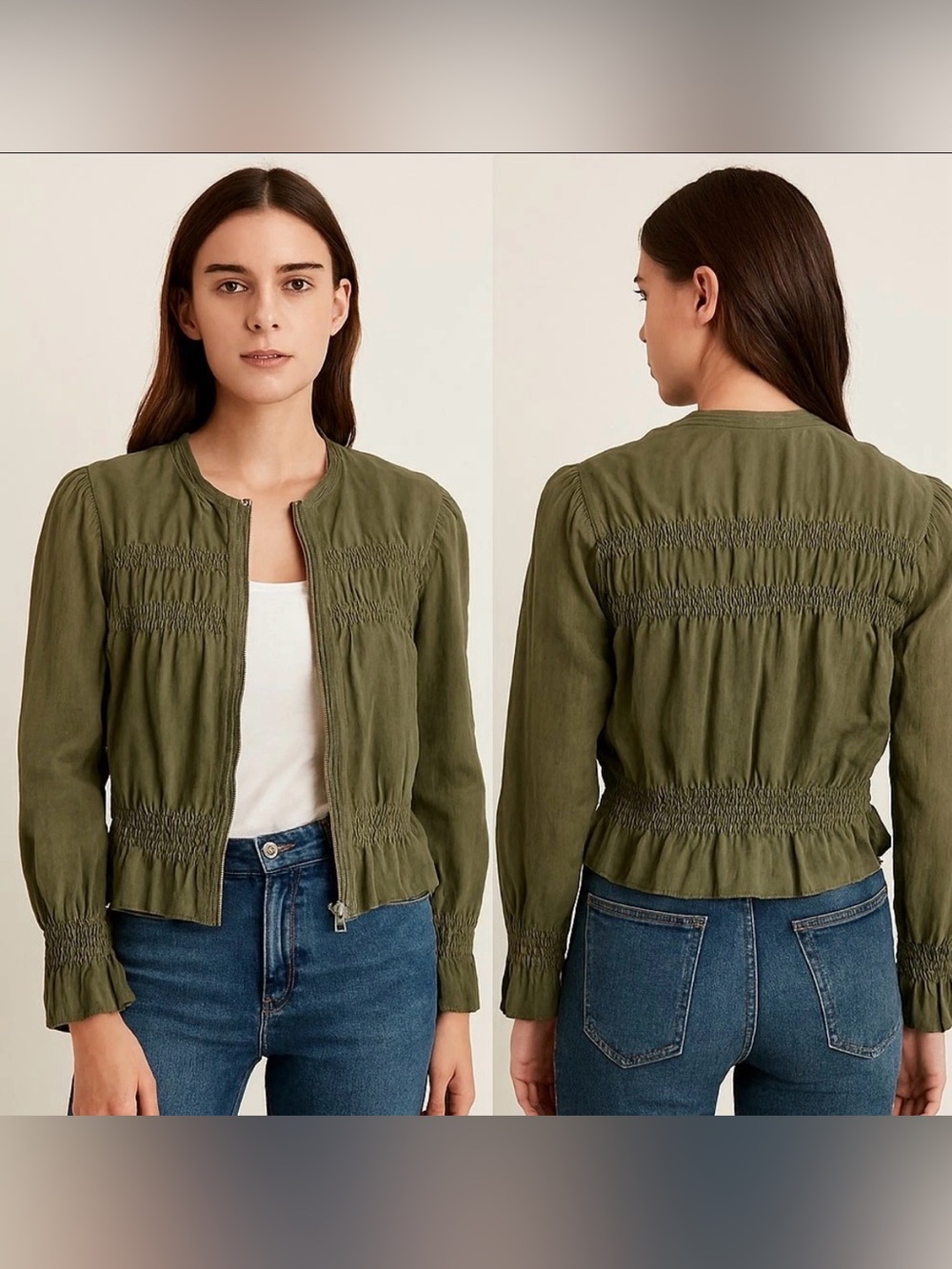Frame Smocked Linen Jacket Long Sleeve Zip Olive Army Green